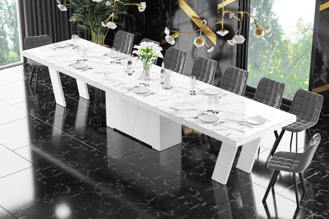 Maxima House - Aleta 11-Piece Glossy Extendable Dining Table Set, In Marble/White w/ 10 Chairs