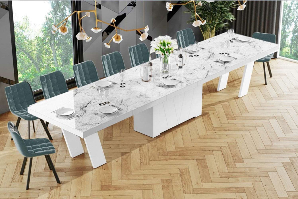Maxima House - Aleta 11-Piece Glossy Extendable Dining Table Set, In Venatino/White w/ 10 Chairs
