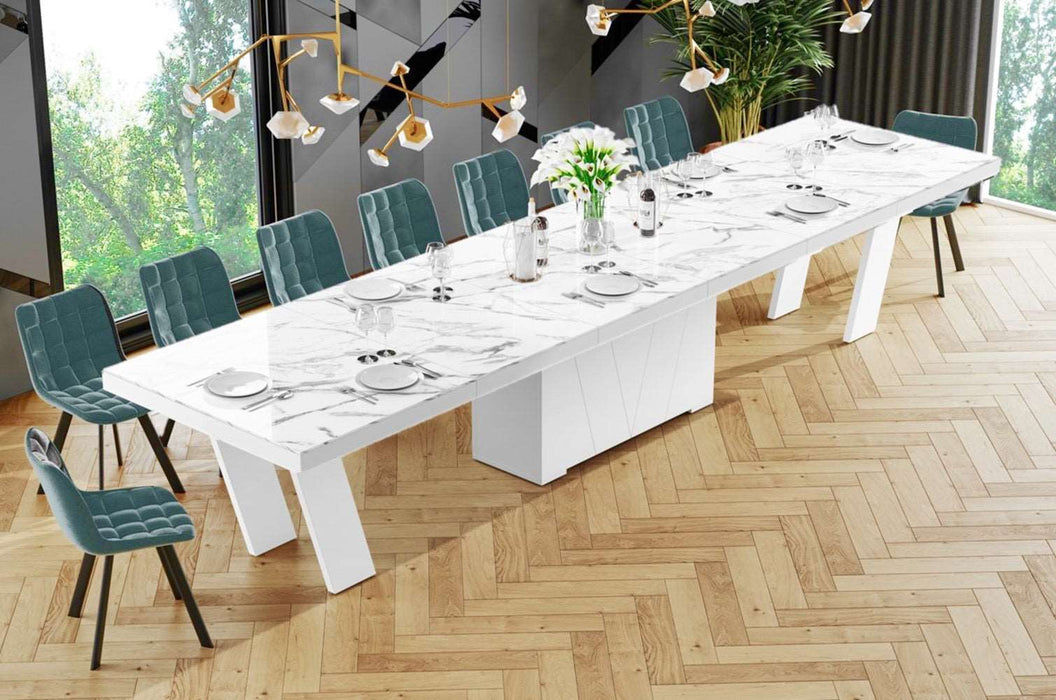 Maxima House - Aleta 11-Piece Glossy Extendable Dining Table Set, In Marble/White w/ 10 Chairs