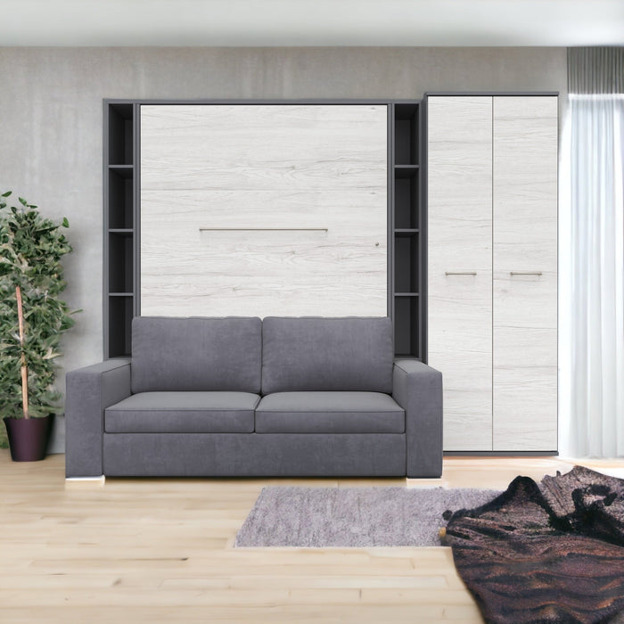 Maxima House - INVENTO Vertical European Full-Size Murphy Bed with Sofa, Dual Shelves, and Wardrobe