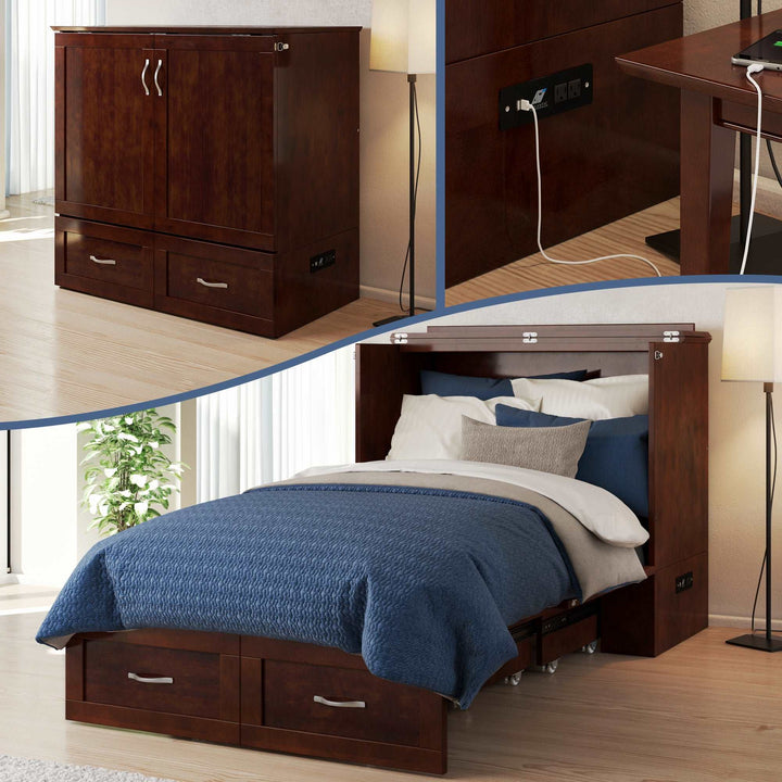 AFI - Hamilton Queen/Full/Twin Murphy Bed Chest With Mattress, Charging Station and Storage Drawer