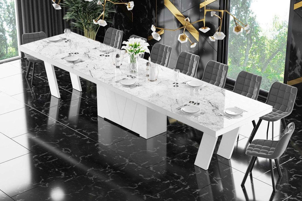 Maxima House - Aleta 11-Piece Glossy Extendable Dining Table Set, In Venatino/White w/ 10 Chairs
