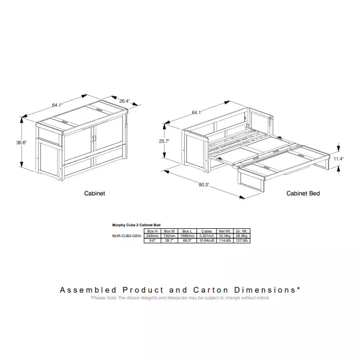 Night and Day Furniture - Cube 2 Queen Cabinet Murphy Bed with Mattress in Cherry, White, Chocolate, & Stonewash