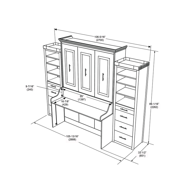 Leto Muro - Alegra Full Wall Bed with Desk and 2 Towers in White Finish