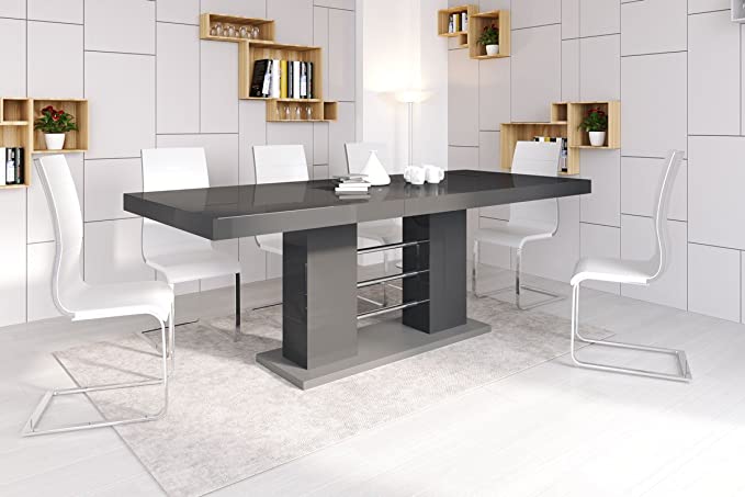 Maxima House - Lisa 7-Piece Glossy Extendable Dining Table Set, In Gray w/ 6 Chairs HU0074K-104WH