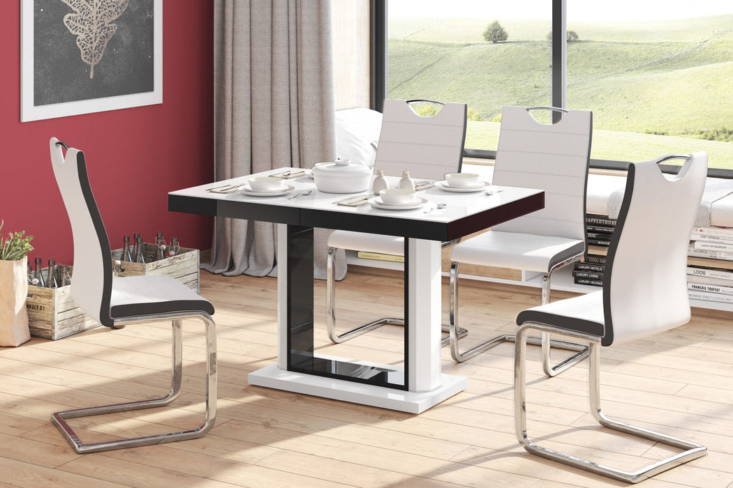 Maxima House - Quatro 7-Piece Glossy Extendable Dining Table Set, In White/Black w/ 6 Chairs HU0046-HC001W