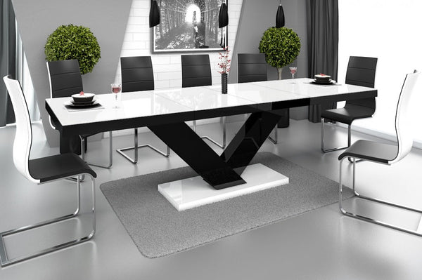 Maxima House - Toria 7-Piece Glossy Extendable Dining Table Set, in White/Black w/ 6 Chairs HU0012K-104