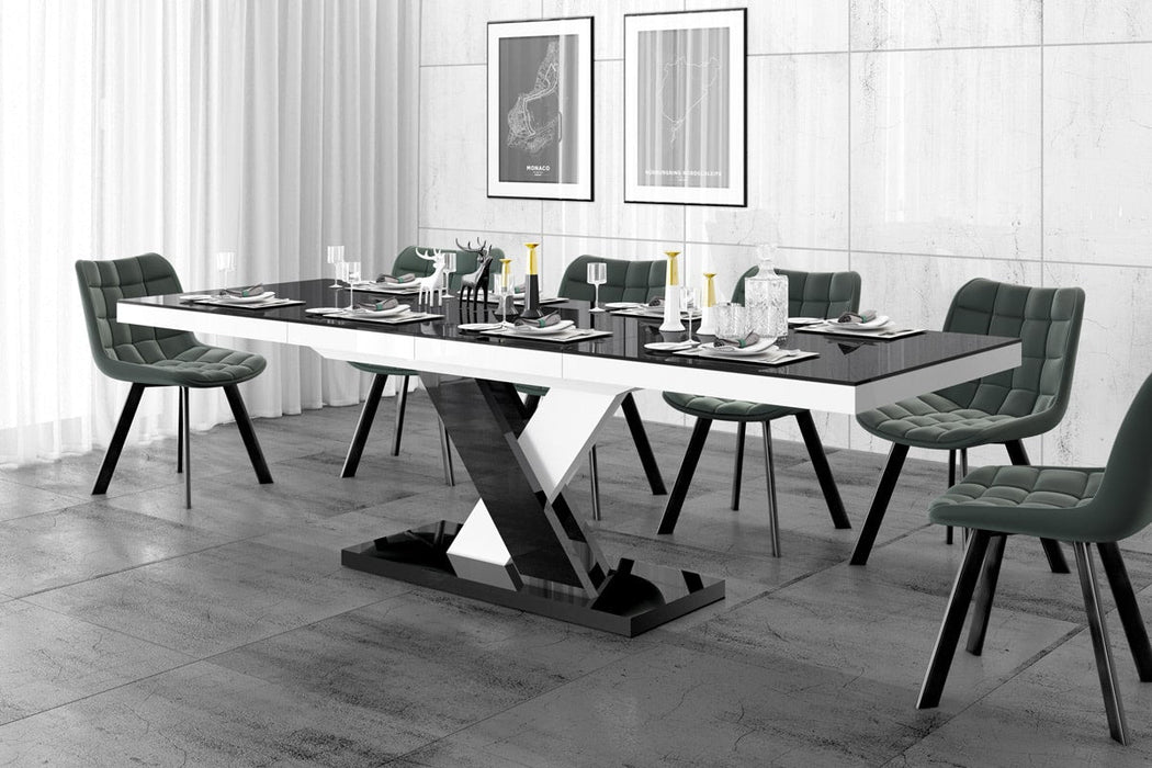 Maxima House - Xenna 7-Piece Glossy Extendable Dining Table Set, In Black/White w/ 6 Chairs HU0055K-332GR