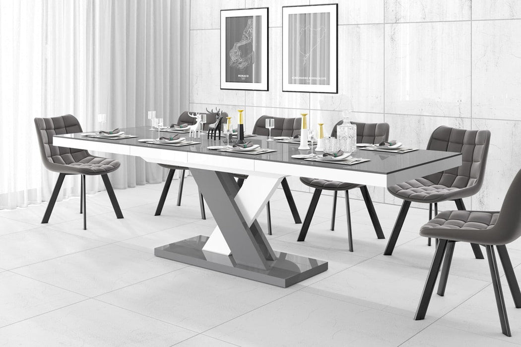 Maxima House - Xenna 7-Piece Glossy Extendable Dining Table Set, In Gray/White w/ 6 Chairs HU0056K-332G