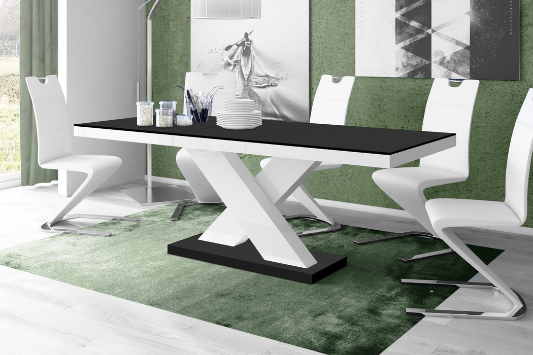 Maxima House - Xena 7-Piece Glossy Extendable Dining Table Set, In Black/White w/ 6 Chairs